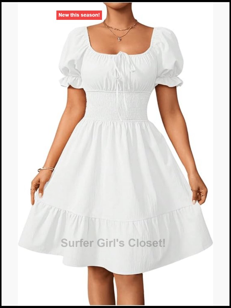 Puff Sleeve Tie Front Milkmaid Dress Ruffle Hem A Line